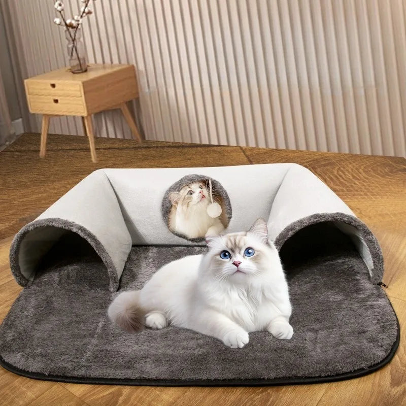 U-Shaped Cat Tunnel Bed – Removable & Washable Hideaway Mat for All Seasons